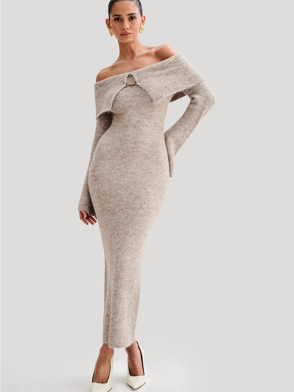 Meshki Off-Shoulder Ring Detail Maxi Dress in Beige